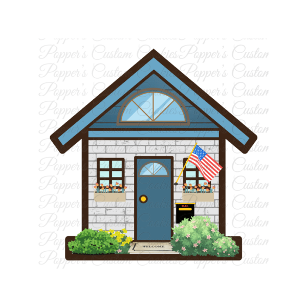 House A, White Brick, Blue Roof, Flag, Mailbox, Mat