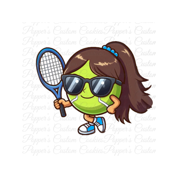 Tennis Ball, Girl, Dark Brown Hair, Blue Racket & Sneakers