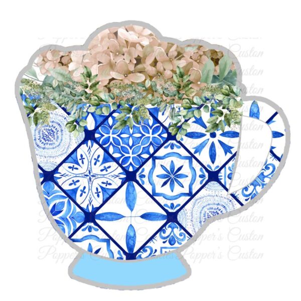 Teacup, Floral, Blue Tile & White Top