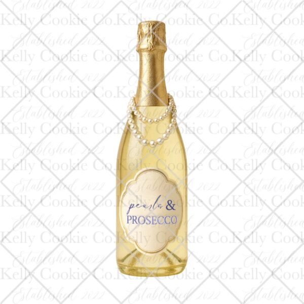 Pearls & Prosecco Champagne Bottle, Cream Label & Blue Lettering